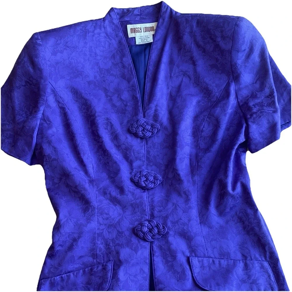 VTG 100% Silk‎ Purple Cheongsam Style Blouse Jacket Skirt Suit Sz4 Office Siren